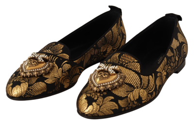 Shop Dolce & Gabbana Black Gold Amore Heart Loafers Flats Women's Shoes In Gold Black