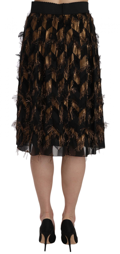 Shop Dolce & Gabbana Black Gold Fringe Metallic Pencil A-line Women's Skirt In Gold Black