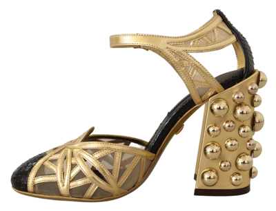 Shop Dolce & Gabbana Black Gold Leather Studded Ankle Straps Women's Shoes