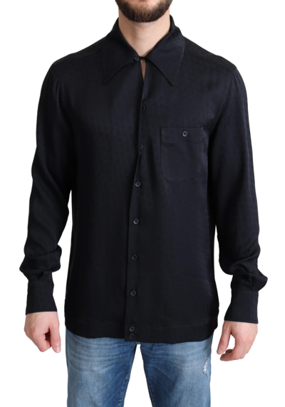 Shop Dolce & Gabbana Black Jacquard Silk Casual Btton Doown Men's Shirt