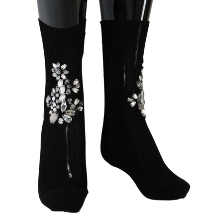 Shop Dolce & Gabbana Black Knitted Floral Clear Crystal Women's Socks