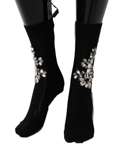 Shop Dolce & Gabbana Black Knitted Floral Clear Crystal Women's Socks