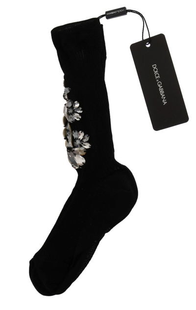 Shop Dolce & Gabbana Black Knitted Floral Clear Crystal Women's Socks