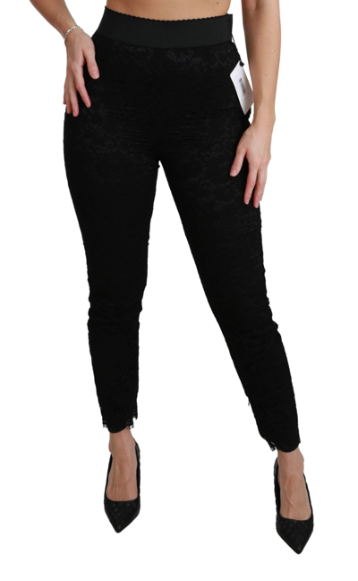 Shop Dolce & Gabbana Black Lace Skinny High Waist Cotton Women's Pants