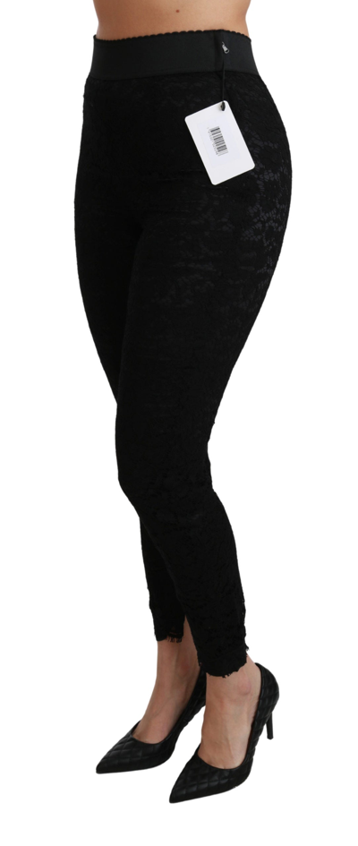 Shop Dolce & Gabbana Black Lace Skinny High Waist Cotton Women's Pants