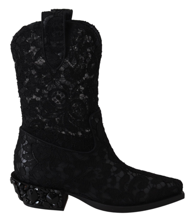 Shop Dolce & Gabbana Black Lace Taormina Ankle Cowboy Crystal Women's Shoes