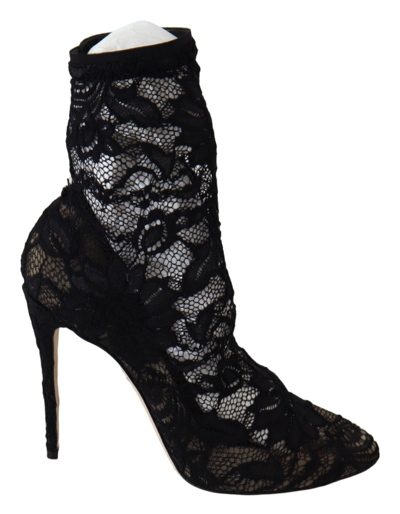 Shop Dolce & Gabbana Black Lace Taormina High Heel Boots Women's Shoes