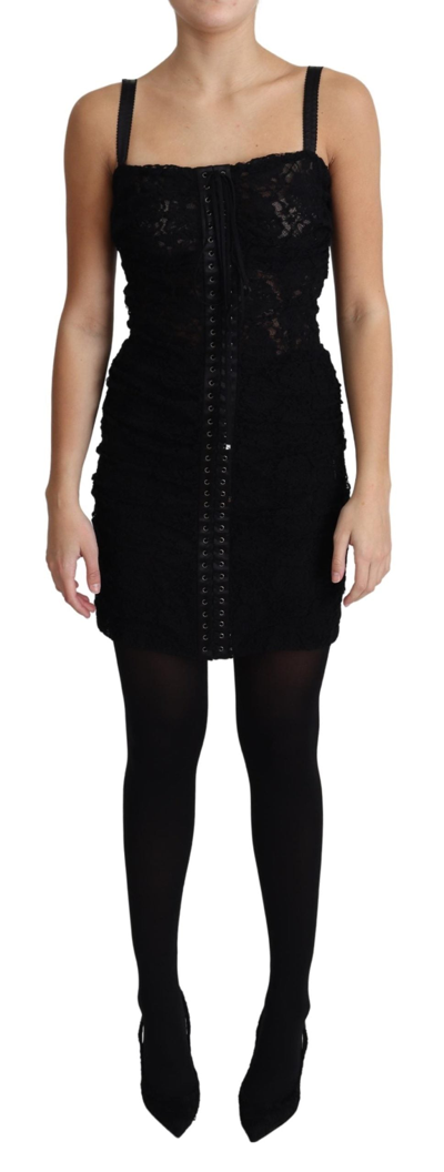Shop Dolce & Gabbana Black Lace Up Floral Corset Bustier Mini Women's Dress