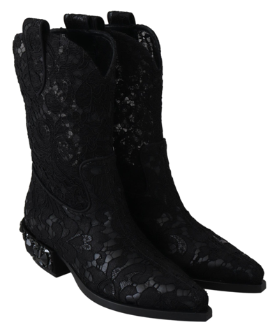 Shop Dolce & Gabbana Black Lace Taormina Ankle Cowboy Crystal Women's Shoes