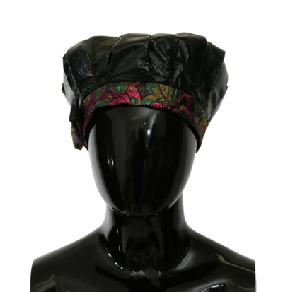 Shop Dolce & Gabbana Black Lamb Leather Floral Print Beret Women's Hat