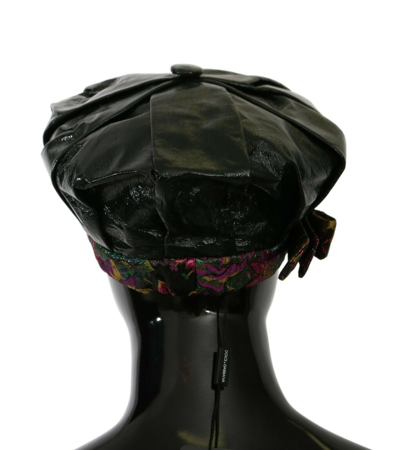 Shop Dolce & Gabbana Black Lamb Leather Floral Print Beret Women's Hat