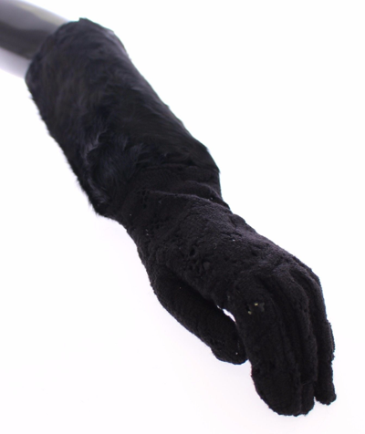 Shop Dolce & Gabbana Black Lace Wool Lambskin Fur Elbow Women's Gloves