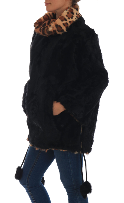 Shop Dolce & Gabbana Black Lamb Leopard Print Fur Coat Women's Jacket