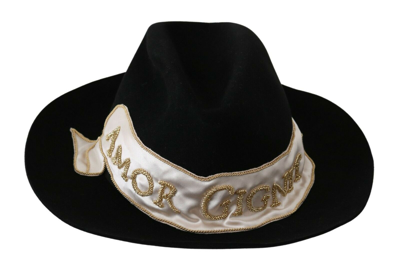 Shop Dolce & Gabbana Black Lapin Amor Gignit Wide Brim Panama Women's Hat