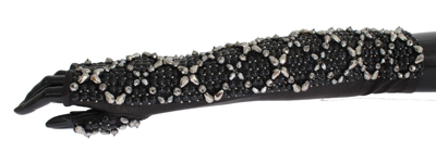 Shop Dolce & Gabbana Black Leather Crystal Beaded Finger Free Women's Gloves