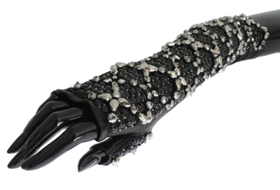 Shop Dolce & Gabbana Elegant Crystal Beaded Leather Women's Gloves In Black