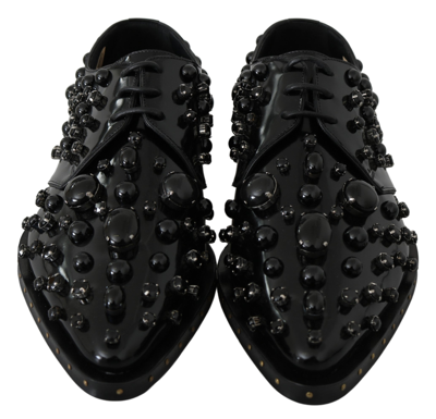 Dolce & Gabbana Black Leather Crystals Dress Broque Shoes In Black