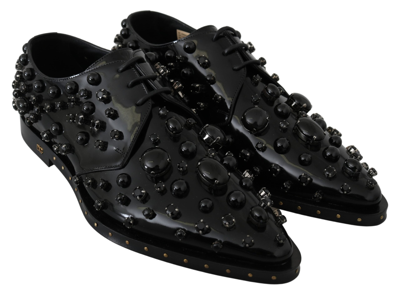 Dolce & Gabbana Black Leather Crystals Dress Broque Shoes In Black