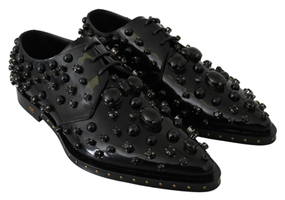 Dolce & Gabbana Black Leather Crystals Dress Broque Shoes In Black