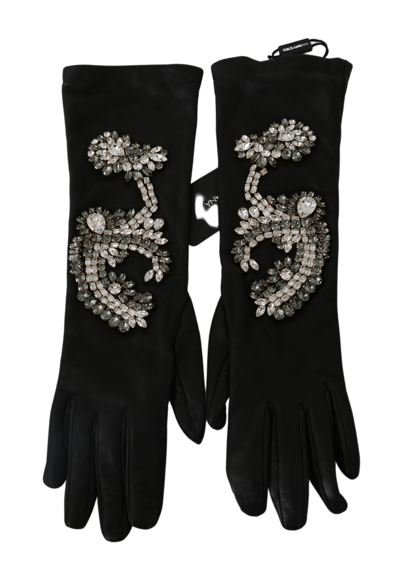 Shop Dolce & Gabbana Black Leather Lamb Skin Crystal Women's Gloves