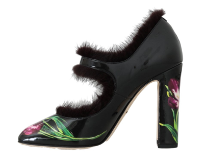 Shop Dolce & Gabbana Black Leather Purple Tulip Mink Fur Women's Pumps