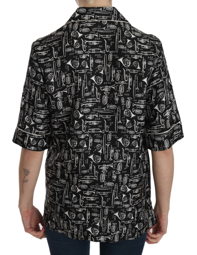 Dolce & Gabbana Black Musical Instrument Collared Blouse Shirt In Black