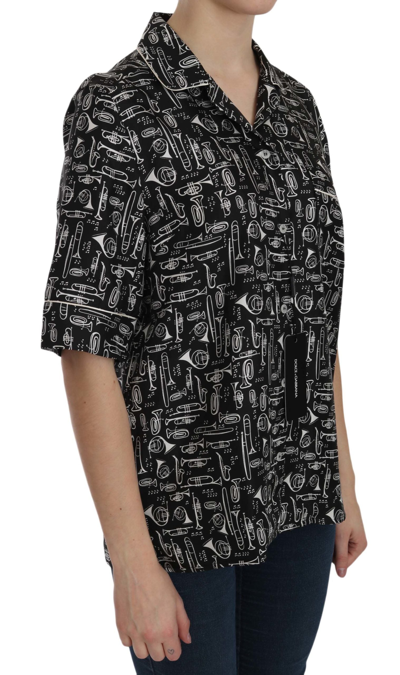 Dolce & Gabbana Black Musical Instrument Collared Blouse Shirt In Black