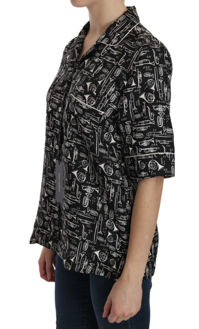 Dolce & Gabbana Black Musical Instrument Collared Blouse Shirt In Black
