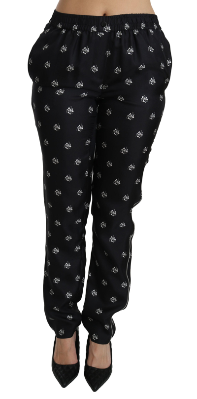Shop Dolce & Gabbana Black Printed Mid Waist Skinny Silk Women's Pants