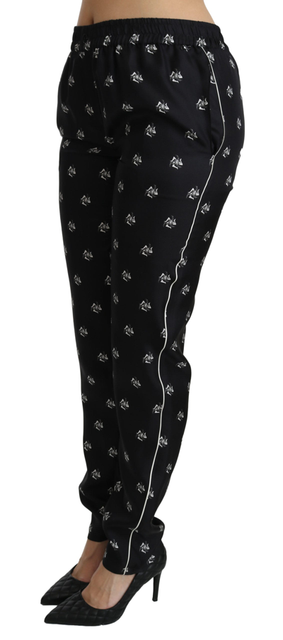 Shop Dolce & Gabbana Black Printed Mid Waist Skinny Silk Women's Pants
