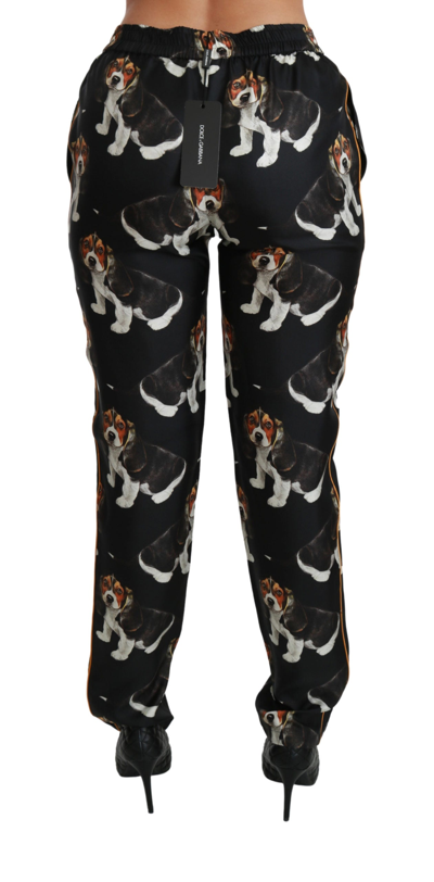 Shop Dolce & Gabbana Black Puppy Dog Mid Waist Skinny Silk Women's Pants