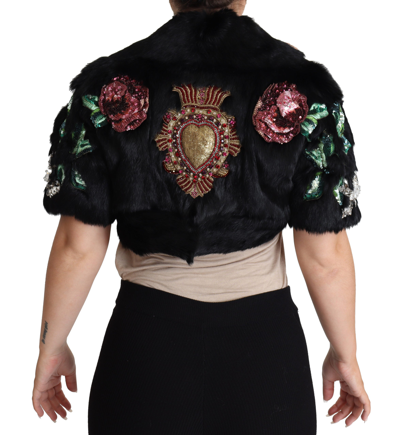 Shop Dolce & Gabbana Black Rabbit Fur Crystals Sequin Women's Coat
