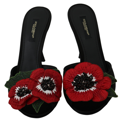 Shop Dolce & Gabbana Black Red Roses Heels Slides Women's Sandals