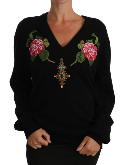Shop Dolce & Gabbana Black Rose Floral Crystal Cashmere Women's Sweater
