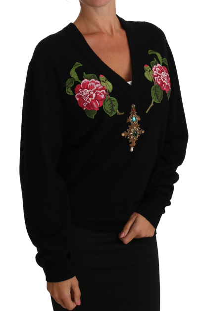 Shop Dolce & Gabbana Black Rose Floral Crystal Cashmere Women's Sweater