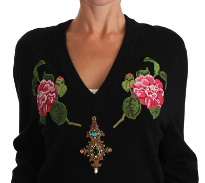 Shop Dolce & Gabbana Black Rose Floral Crystal Cashmere Women's Sweater