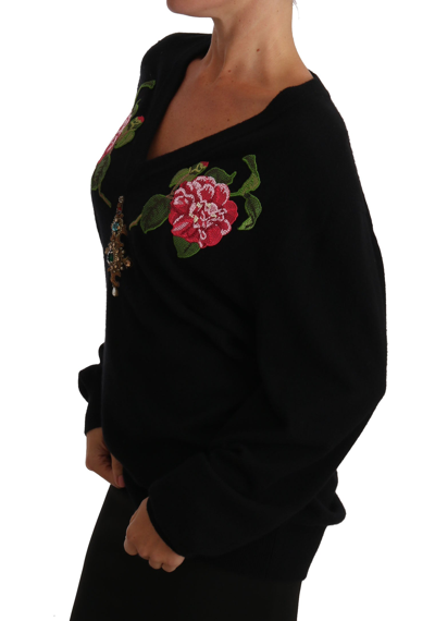 Shop Dolce & Gabbana Black Rose Floral Crystal Cashmere Women's Sweater