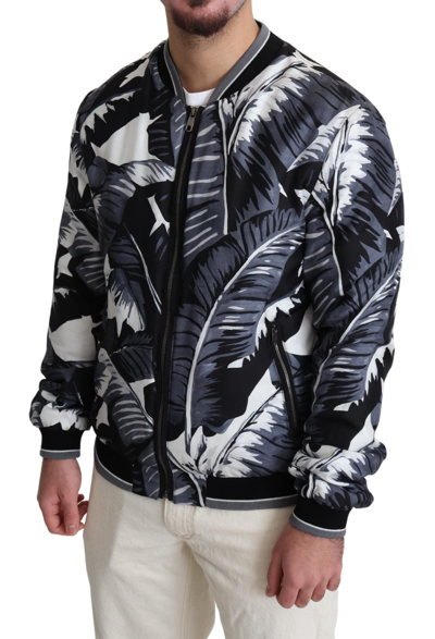 Shop Dolce & Gabbana Black Silk Banana Leaf Print Bomber Men's Jacket