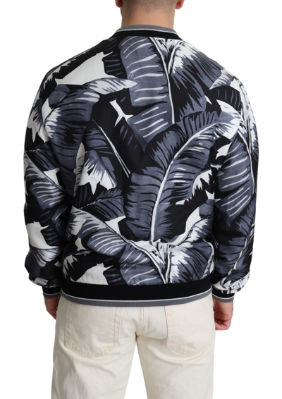 Shop Dolce & Gabbana Black Silk Banana Leaf Print Bomber Men's Jacket