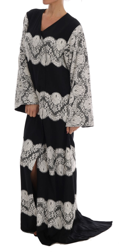 Shop Dolce & Gabbana Black Silk Floral Lace Kaftan Women's Dress In Black/white