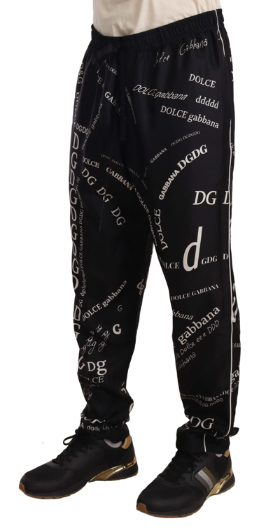 Shop Dolce & Gabbana Black Silk Logo Print Lounge Jogging Trousers Men's Pants
