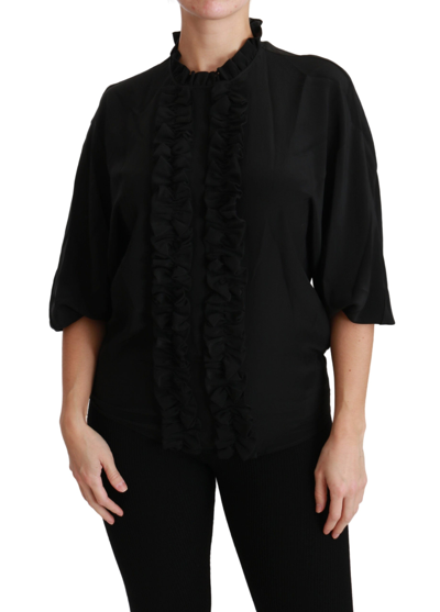 Shop Dolce & Gabbana Black Silk Shirt Ruffled Top Women's Blouse