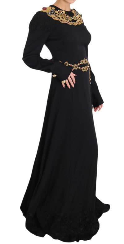 Shop Dolce & Gabbana Black Silk Stretch Gold Crystal Women's Dress