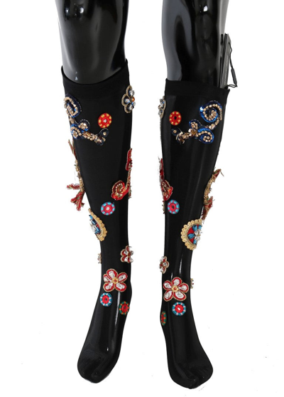 Shop Dolce & Gabbana Black Stretch Carretto Crystal Women's Socks