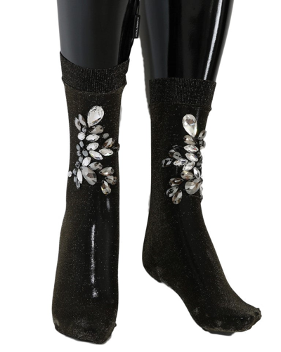 Shop Dolce & Gabbana Black Stretch Floral Clear Crystal Women's Socks