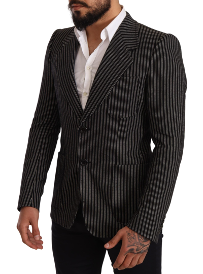 Dolce & Gabbana Black Striped Slim Fit Wool Coat Blazer In Black