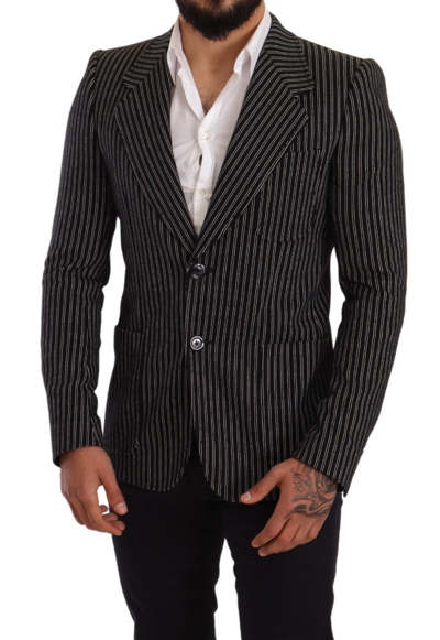 Dolce & Gabbana Black Striped Slim Fit Wool Coat Blazer In Black