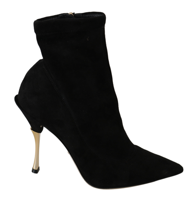 Shop Dolce & Gabbana Black Suede Gold Heels Ankle Boots Women's Shoes