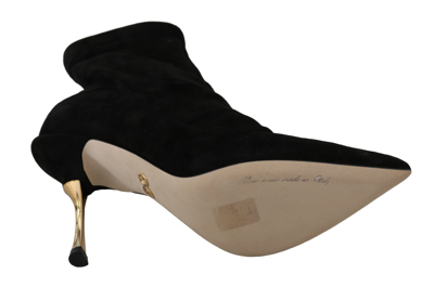 Shop Dolce & Gabbana Black Suede Gold Heels Ankle Boots Women's Shoes