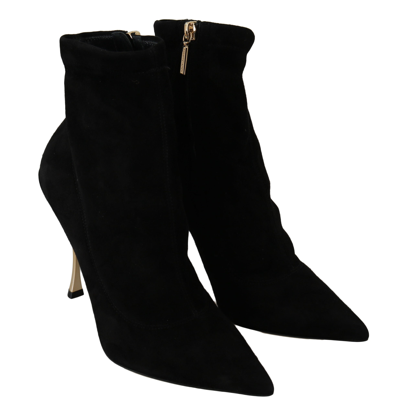 Shop Dolce & Gabbana Black Suede Gold Heels Ankle Boots Women's Shoes
